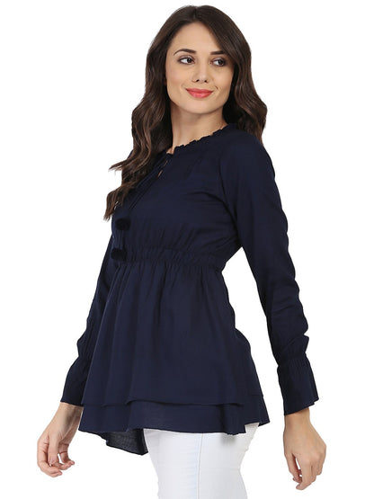 Women's Blue Full Sleeve Rayon Tunic With Dori & Latkan Work At Yoke