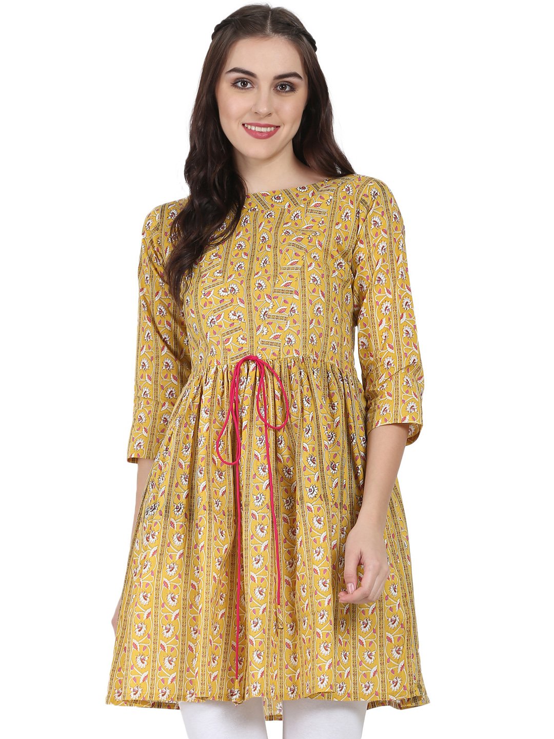 Women's Yellow Printed 3/4Th Sleeve Cotton Cropped Anarkali Kurta