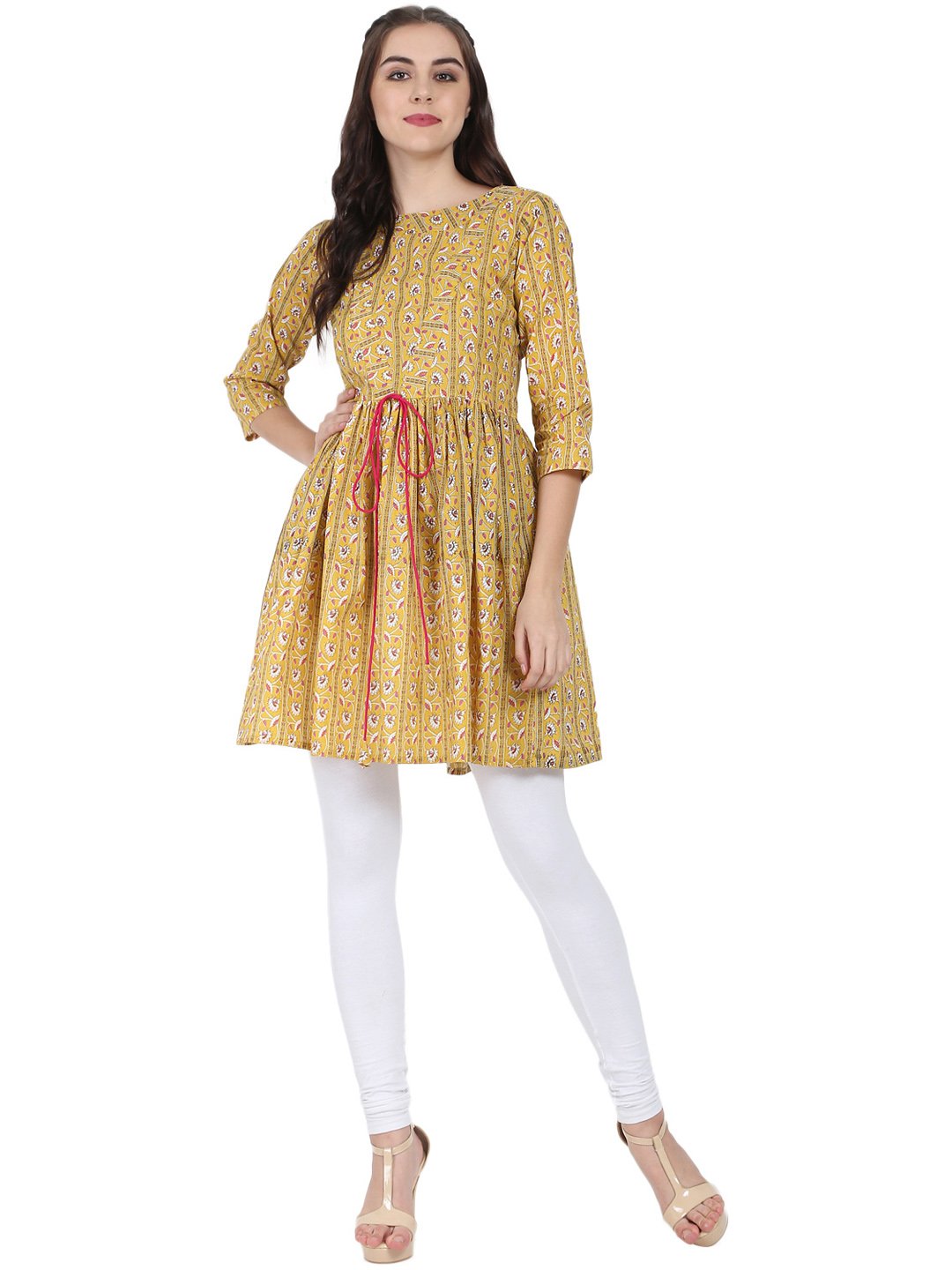 Women's Yellow Printed 3/4Th Sleeve Cotton Cropped Anarkali Kurta