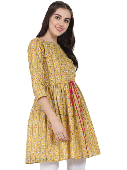Women's Yellow Printed 3/4Th Sleeve Cotton Cropped Anarkali Kurta