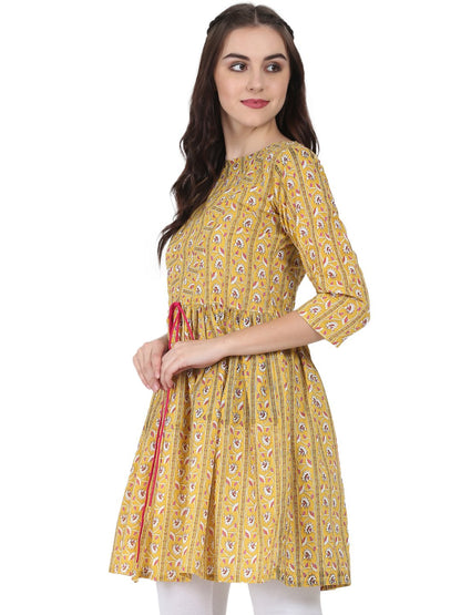 Women's Yellow Printed 3/4Th Sleeve Cotton Cropped Anarkali Kurta