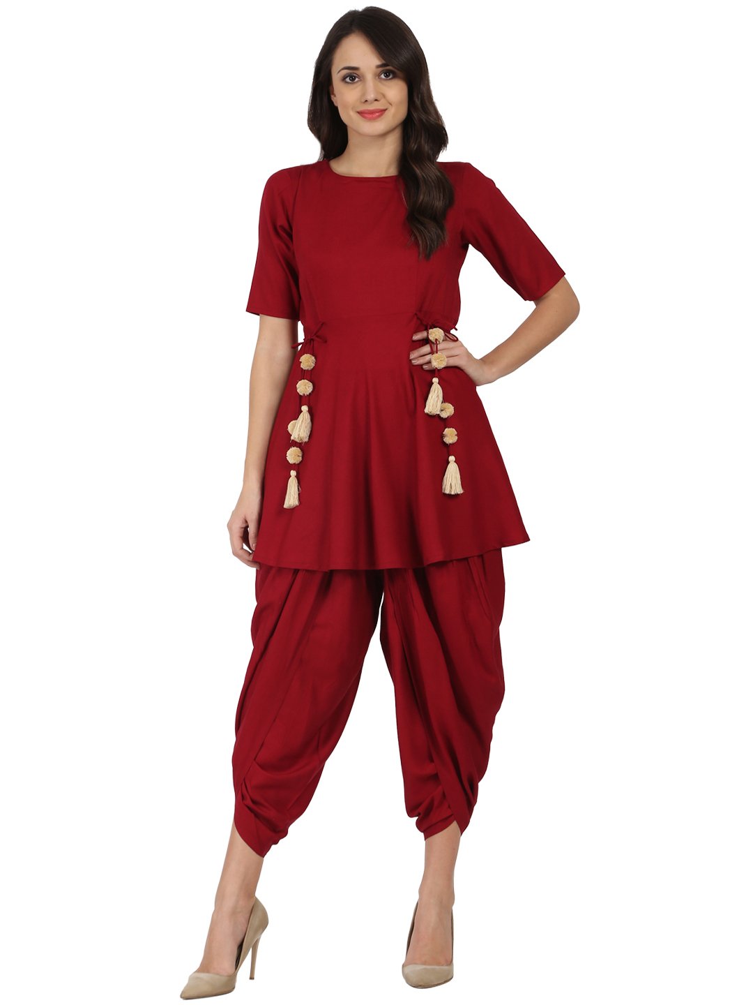Women's Maroon Half Sleeve Rayon A-Line Kurta With Red Pleated Dhoti