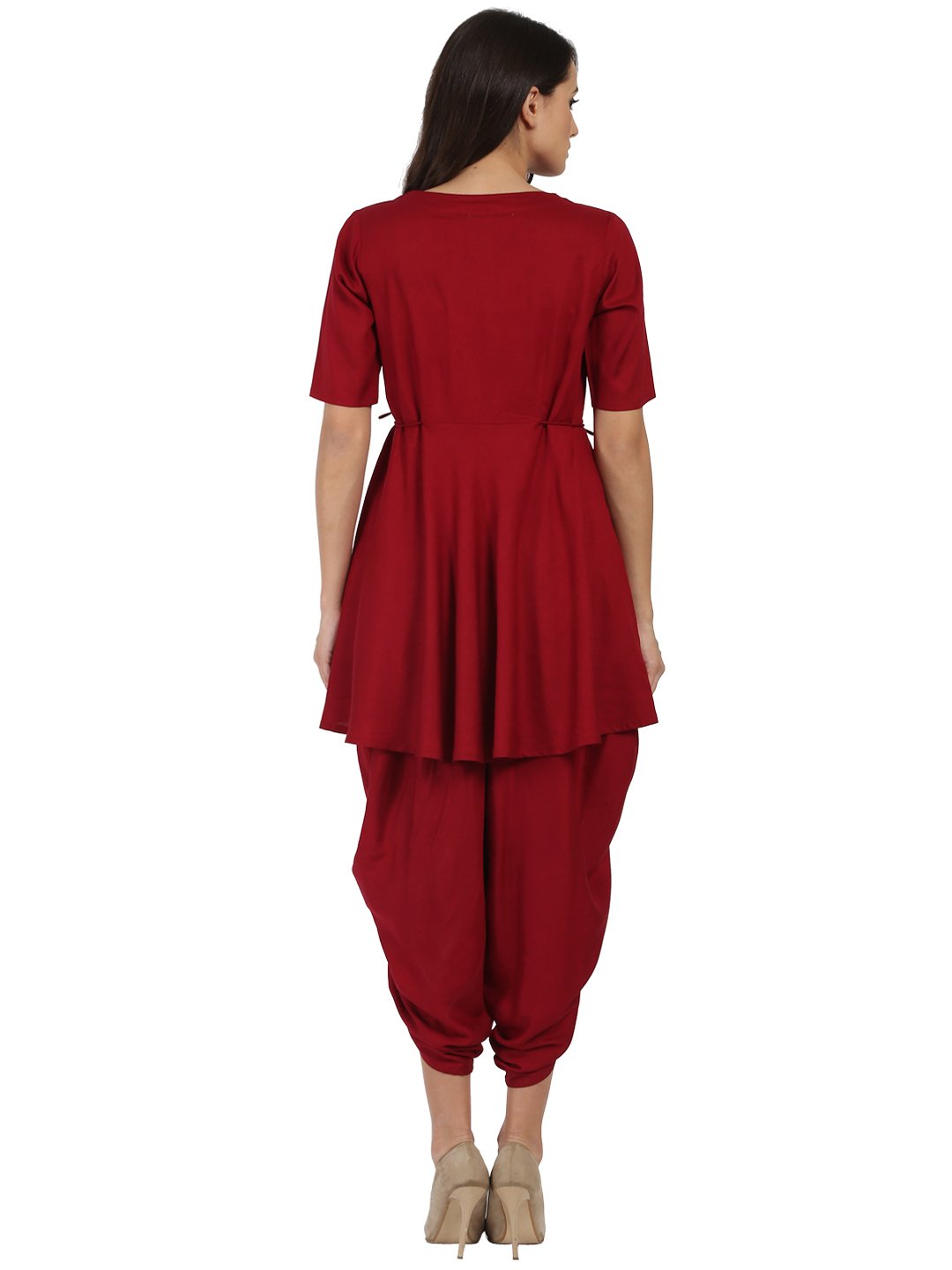 Women's Maroon Half Sleeve Rayon A-Line Kurta With Red Pleated Dhoti
