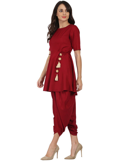 Women's Maroon Half Sleeve Rayon A-Line Kurta With Red Pleated Dhoti