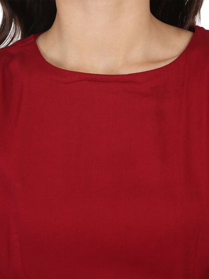 Women's Maroon Half Sleeve Rayon A-Line Kurta With Red Pleated Dhoti