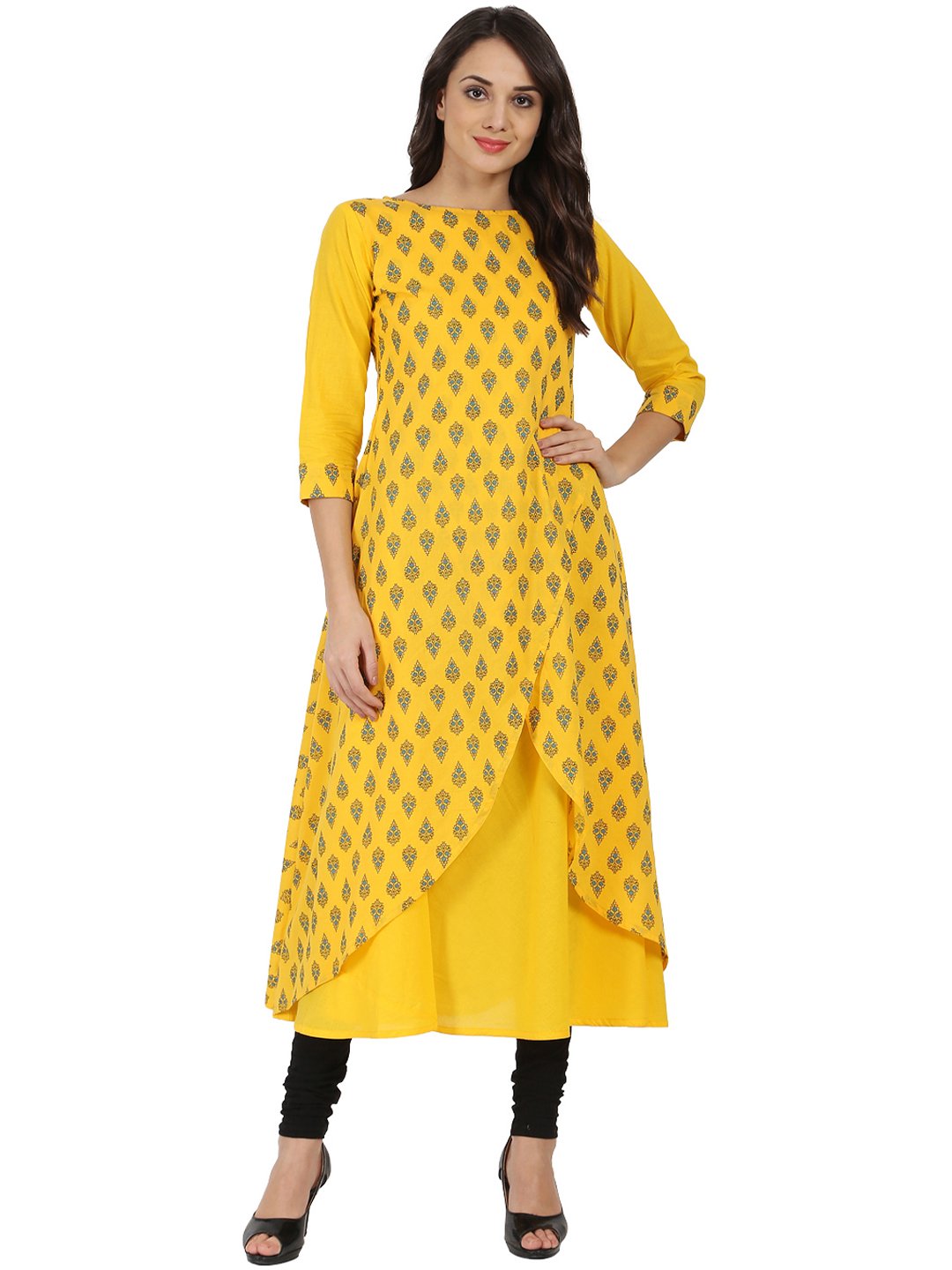 Women's Yellow Printed 3/4Th Sleeve Cotton Double Layer A-Line Kurta