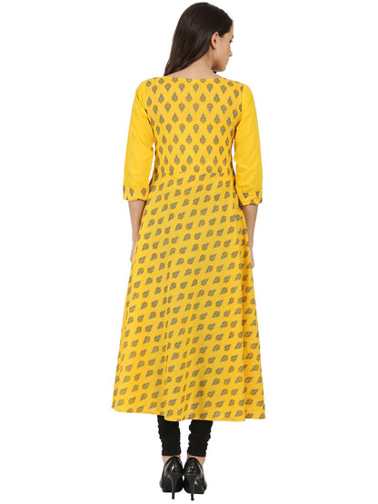 Women's Yellow Printed 3/4Th Sleeve Cotton Double Layer A-Line Kurta