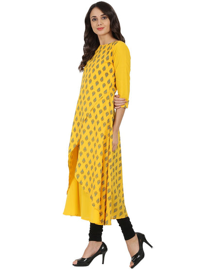 Women's Yellow Printed 3/4Th Sleeve Cotton Double Layer A-Line Kurta