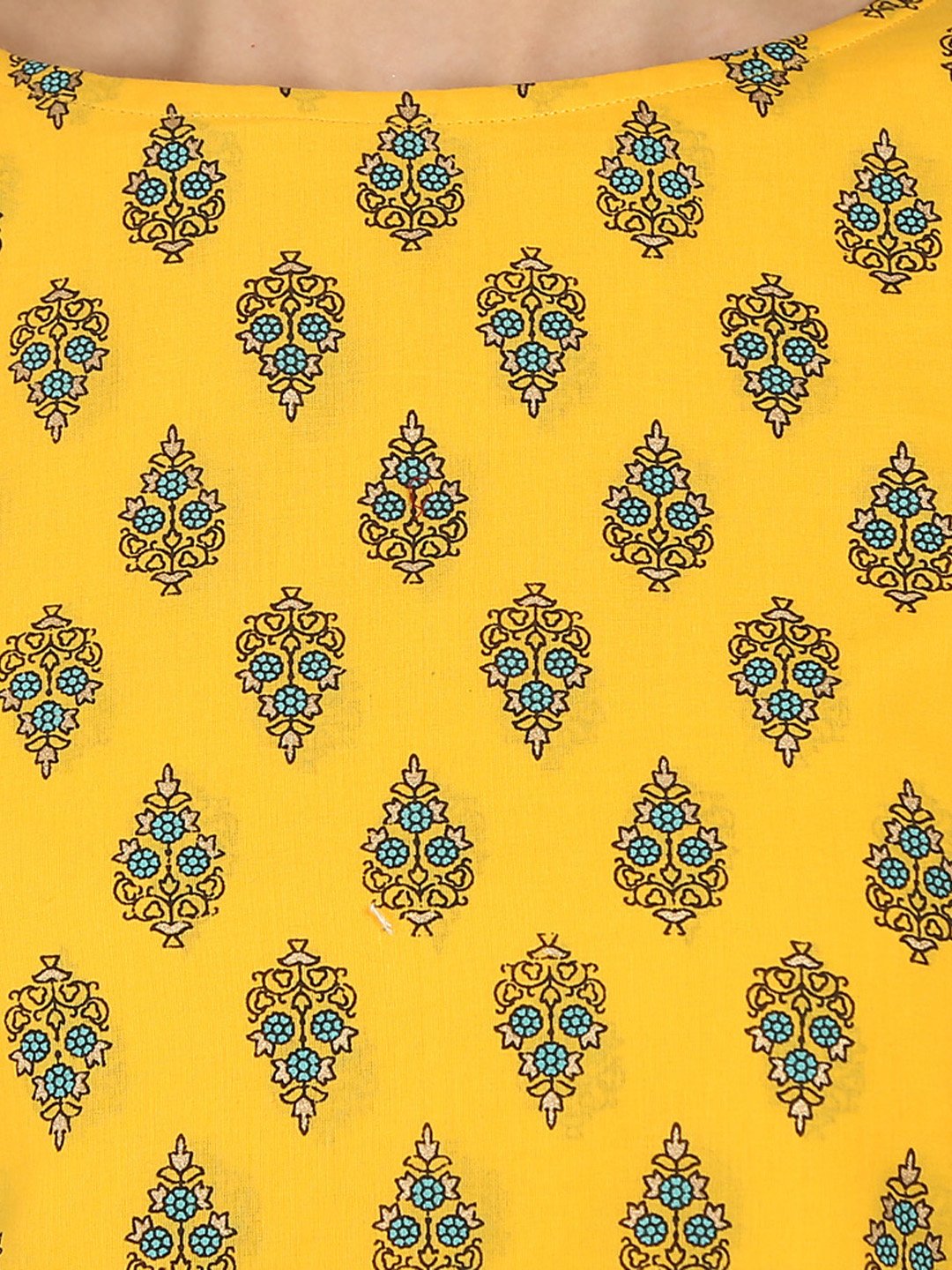 Women's Yellow Printed 3/4Th Sleeve Cotton Double Layer A-Line Kurta