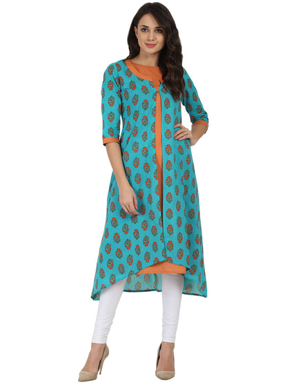 Women's Blue Printed 3/4Th Sleeve Cotton Double Layer A-Line Kurta