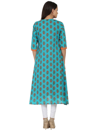 Women's Blue Printed 3/4Th Sleeve Cotton Double Layer A-Line Kurta