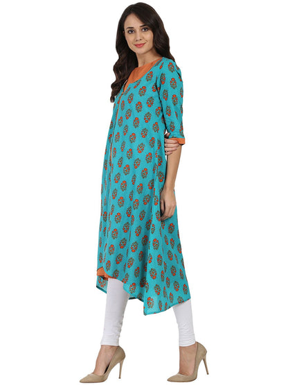 Women's Blue Printed 3/4Th Sleeve Cotton Double Layer A-Line Kurta