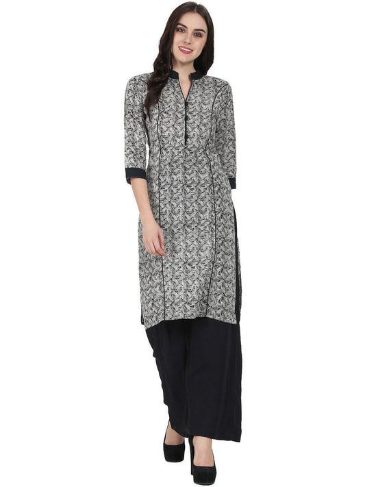 Women's Grey Printed 3/4Th Sleeve Cotton Kurta