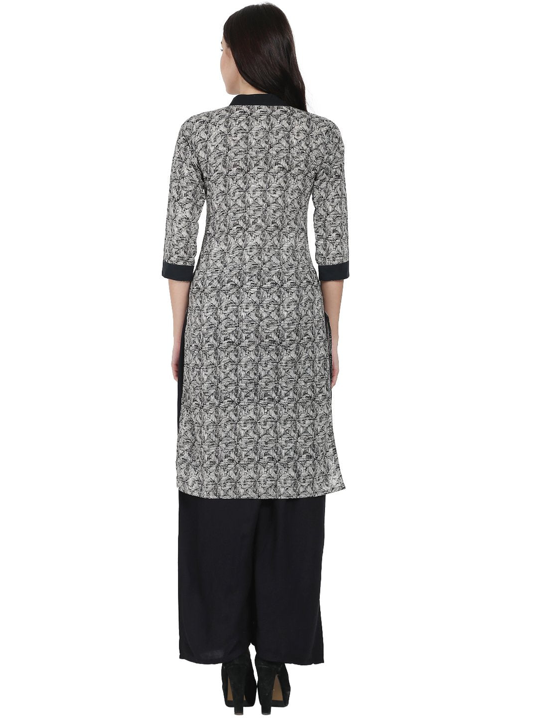 Women's Grey Printed 3/4Th Sleeve Cotton Kurta