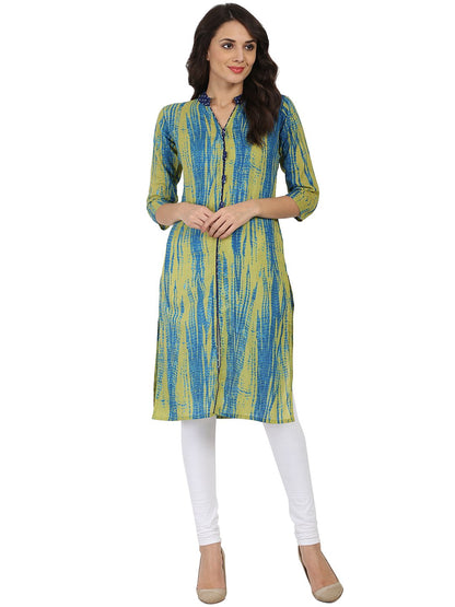 Women's Green Printed 3/4Th Sleeve Cotton Kurta