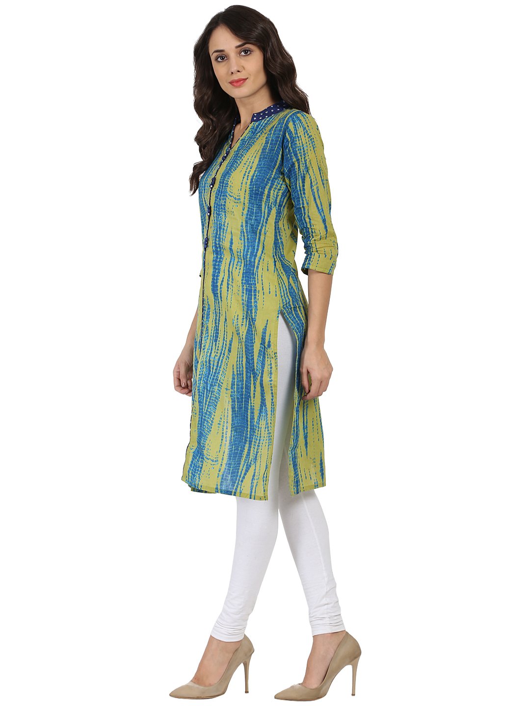 Women's Green Printed 3/4Th Sleeve Cotton Kurta