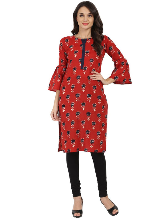 Women's Red Printed 3/4Th Flared Sleeve Cotton Kurta