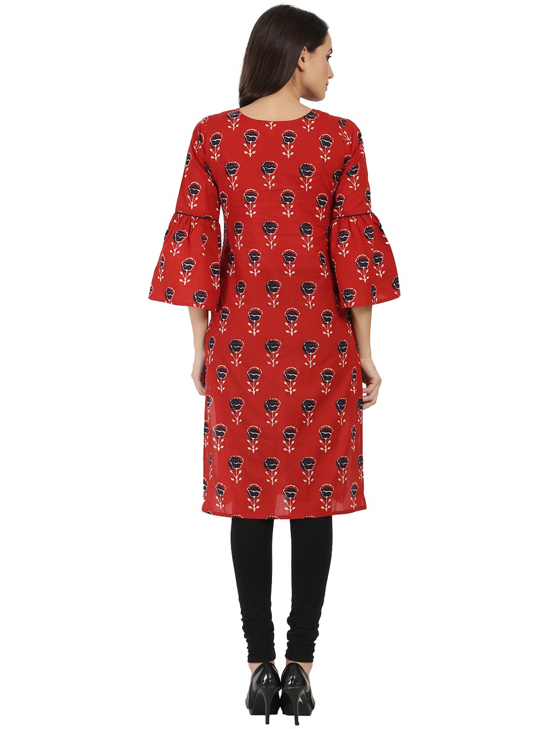 Women's Red Printed 3/4Th Flared Sleeve Cotton Kurta
