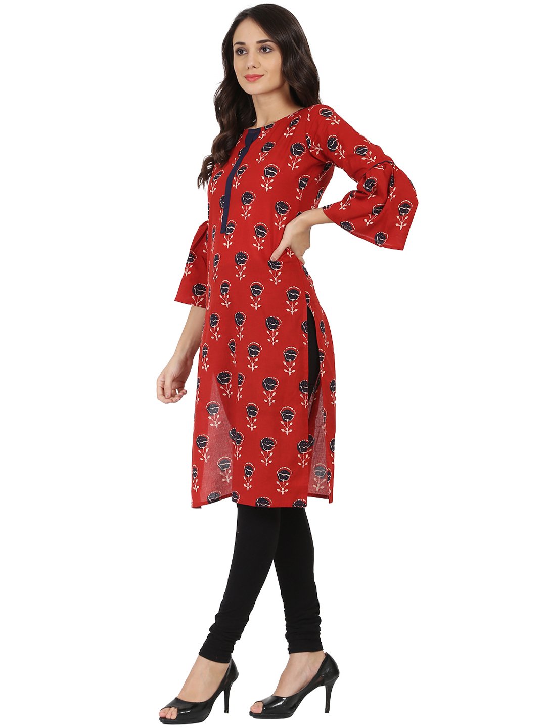 Women's Red Printed 3/4Th Flared Sleeve Cotton Kurta
