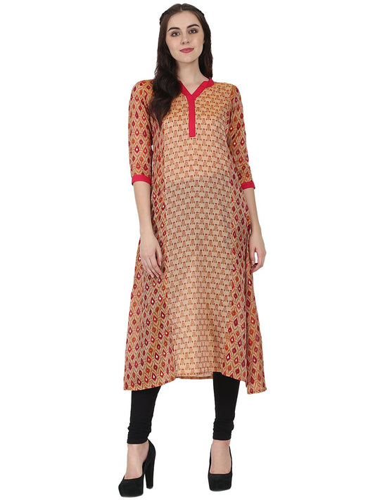 Women's Gold Printed 3/4Th Sleeve Chandri A-Line Kurta