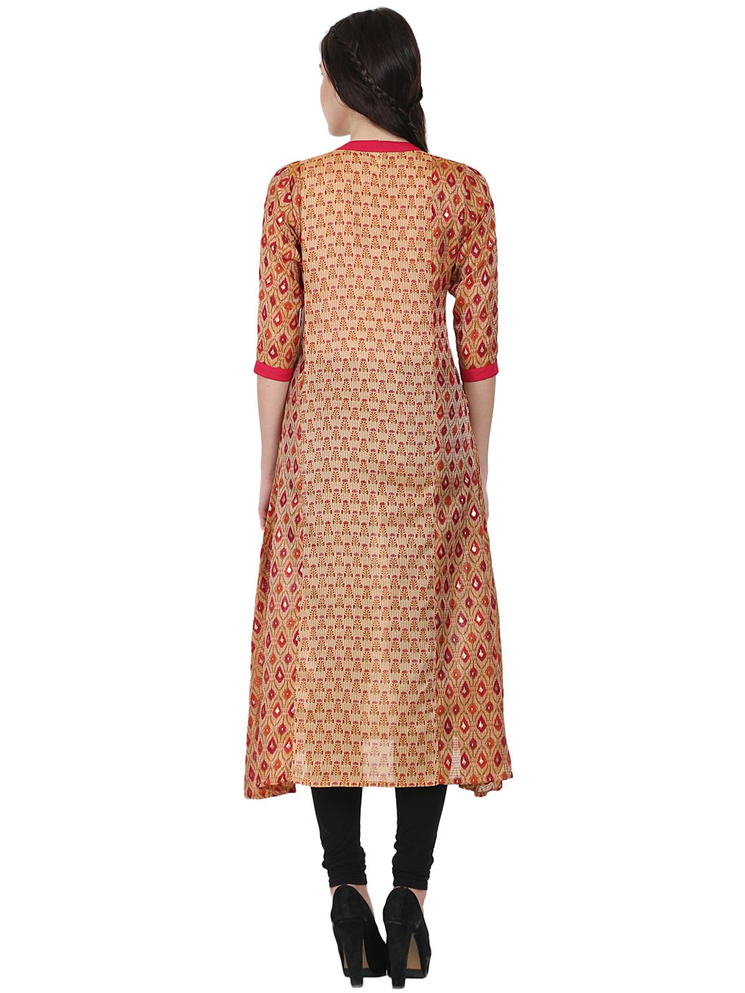 Women's Gold Printed 3/4Th Sleeve Chandri A-Line Kurta