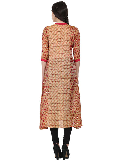 Women's Gold Printed 3/4Th Sleeve Chandri A-Line Kurta