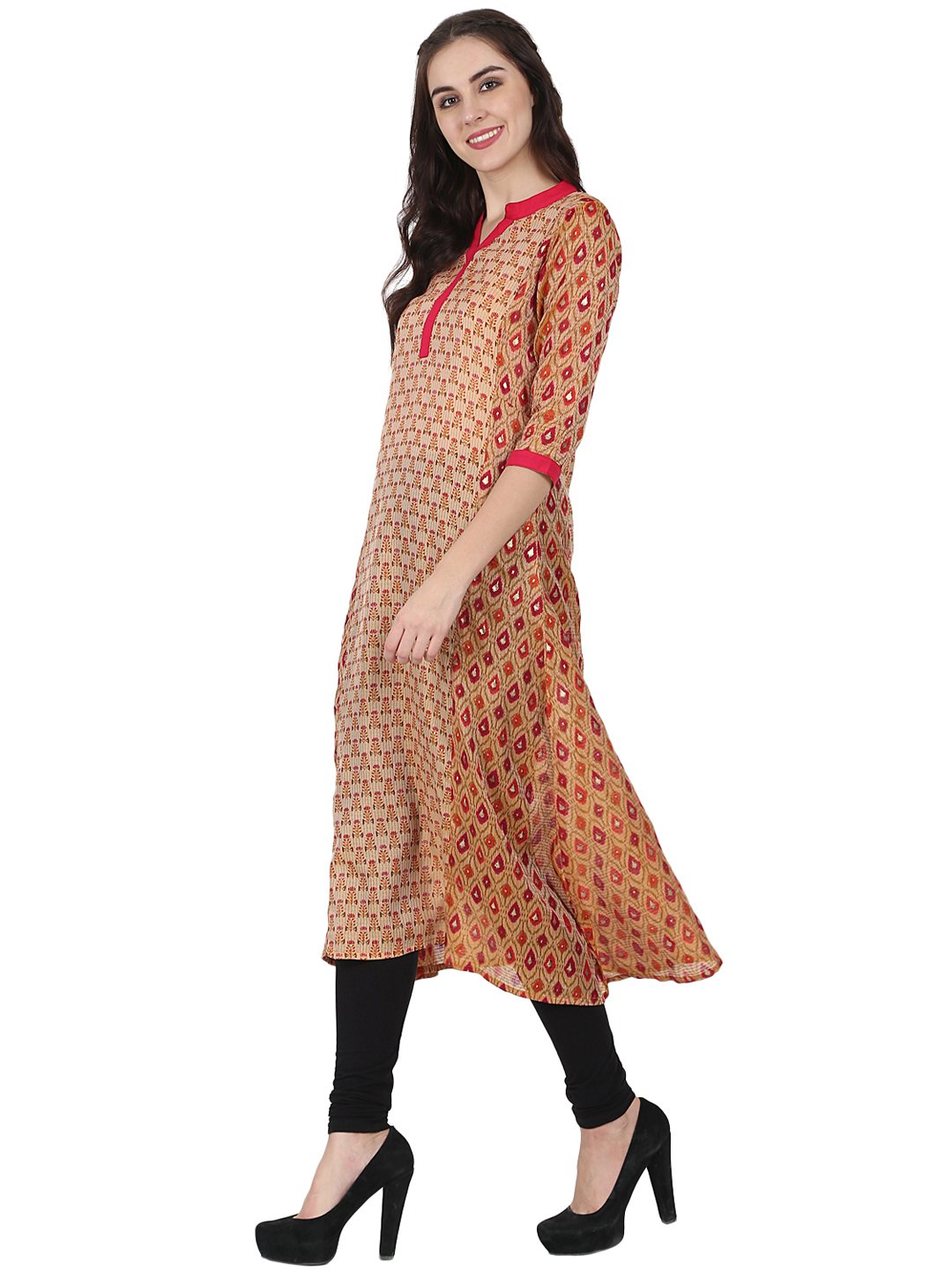 Women's Gold Printed 3/4Th Sleeve Chandri A-Line Kurta