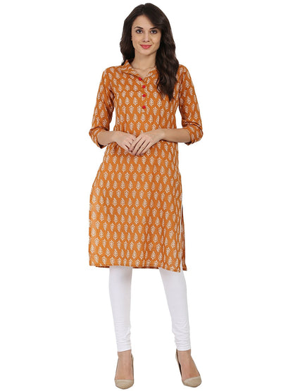 Women's Mustard Printed 3/4Th Sleeve Cotton Kurta With Button Work At Yoke