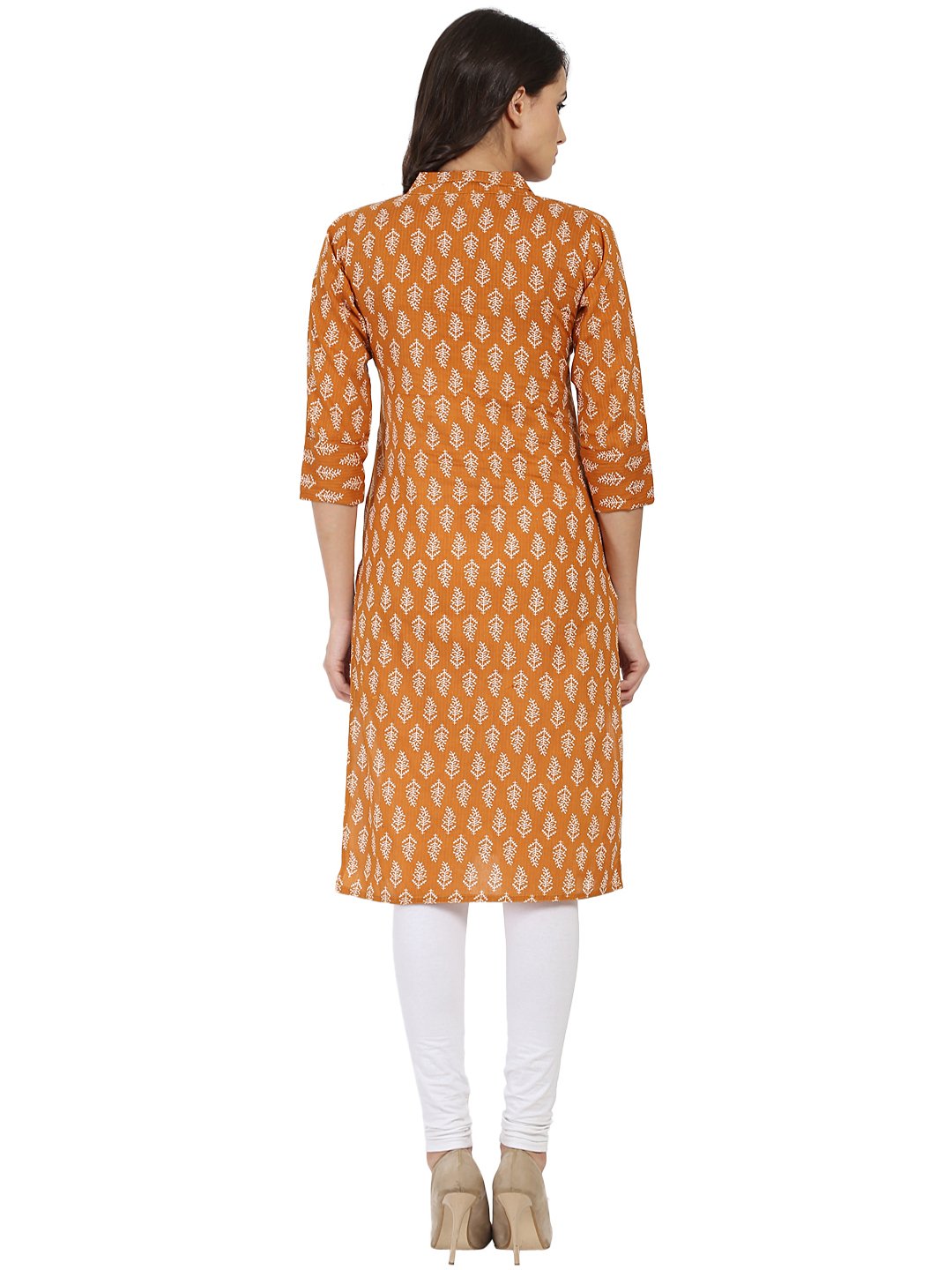 Women's Mustard Printed 3/4Th Sleeve Cotton Kurta With Button Work At Yoke
