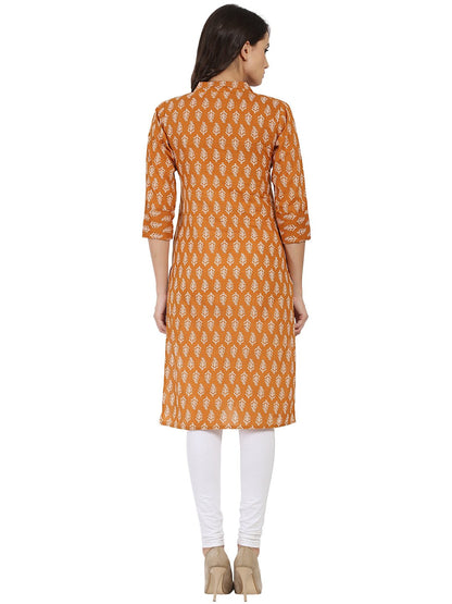 Women's Mustard Printed 3/4Th Sleeve Cotton Kurta With Button Work At Yoke