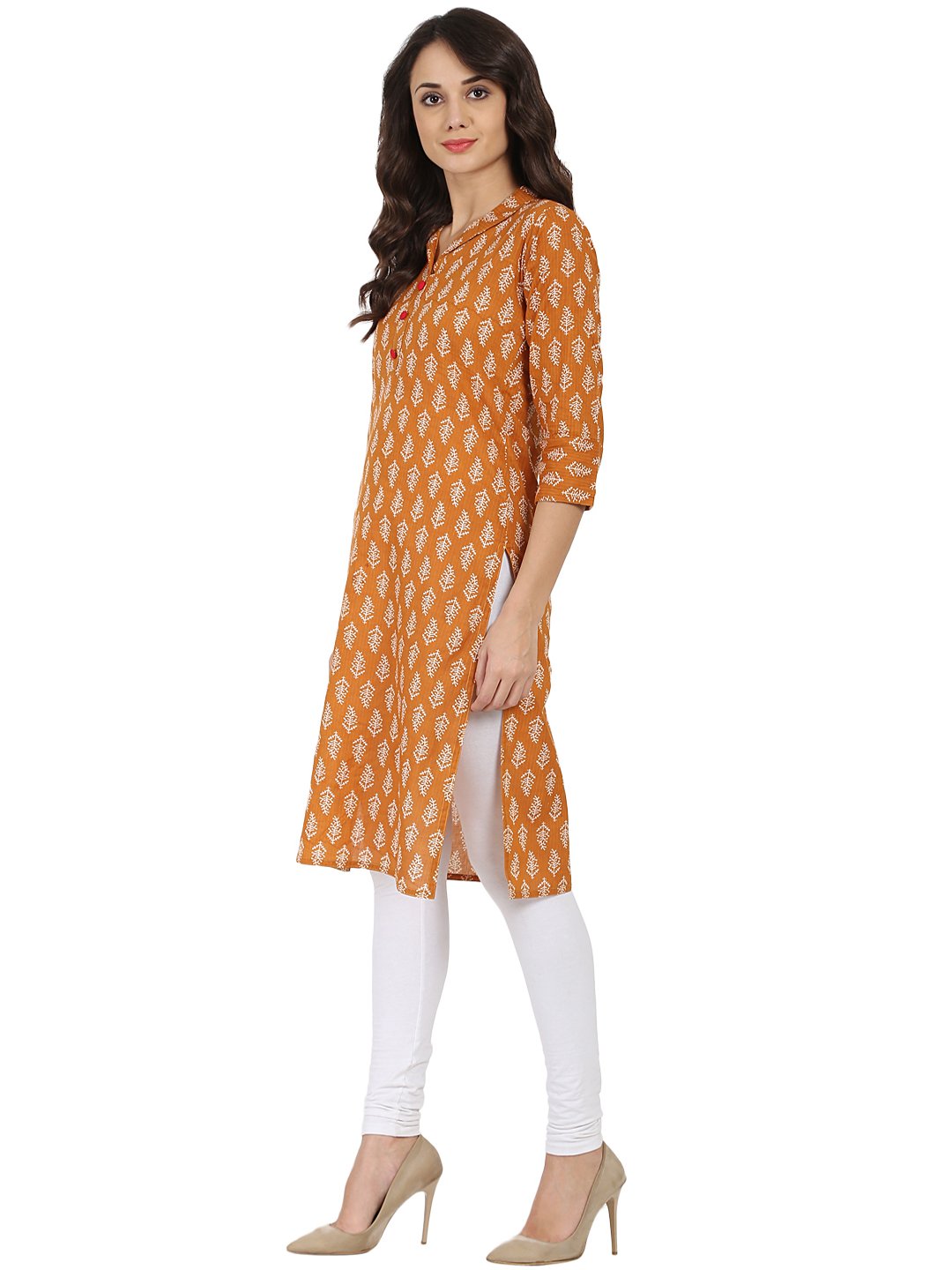 Women's Mustard Printed 3/4Th Sleeve Cotton Kurta With Button Work At Yoke