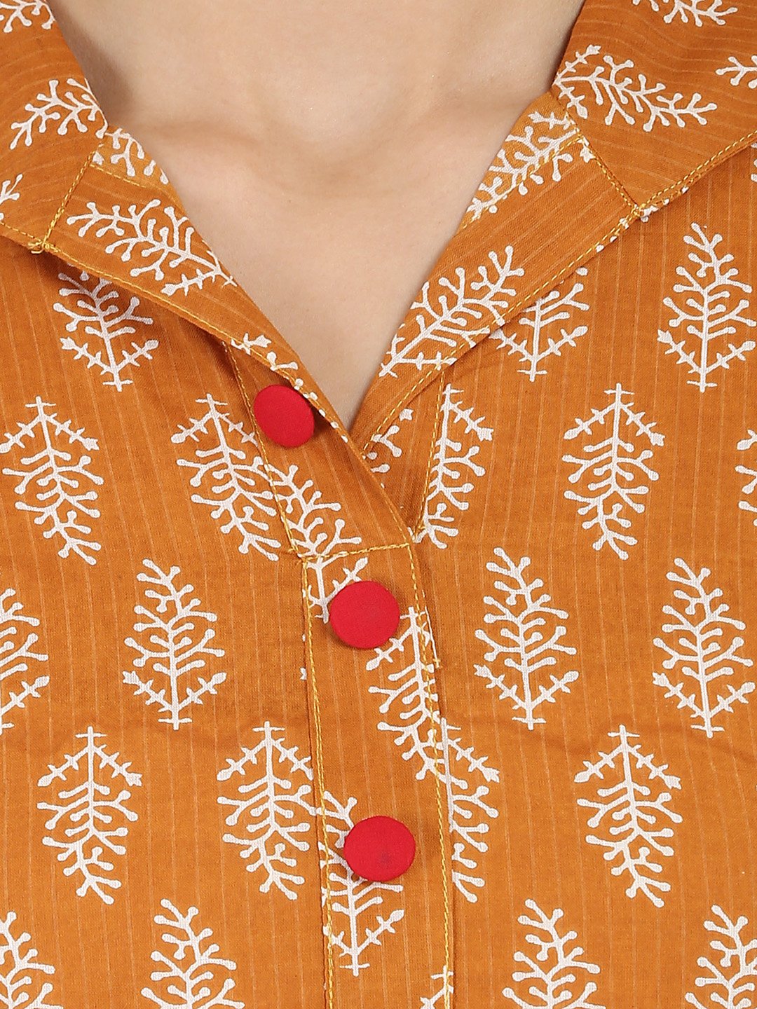 Women's Mustard Printed 3/4Th Sleeve Cotton Kurta With Button Work At Yoke