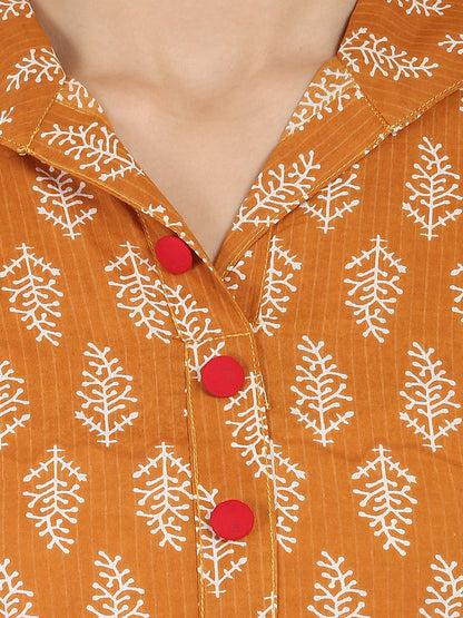 Women's Mustard Printed 3/4Th Sleeve Cotton Kurta With Button Work At Yoke