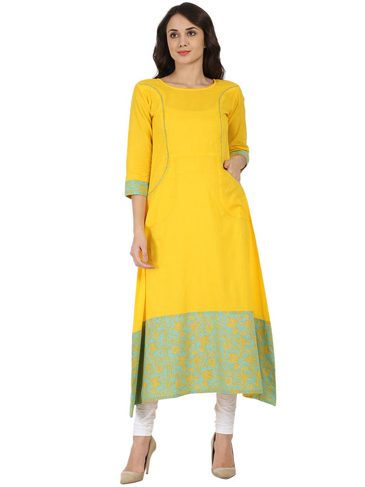 Women's Yellow Printed 3/4Th Sleeve Cotton A-Line Kurta