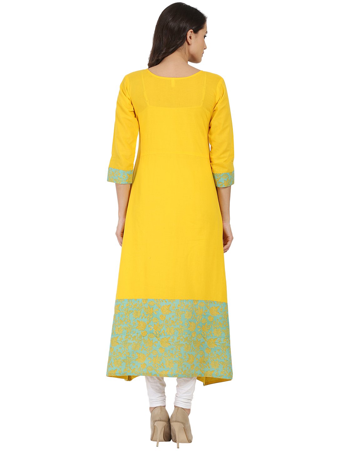 Women's Yellow Printed 3/4Th Sleeve Cotton A-Line Kurta