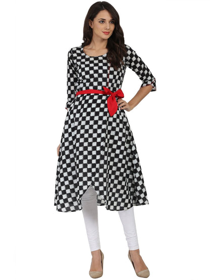 Women's Black Printed 3/4Th Sleeve Cotton A-Line Kurta