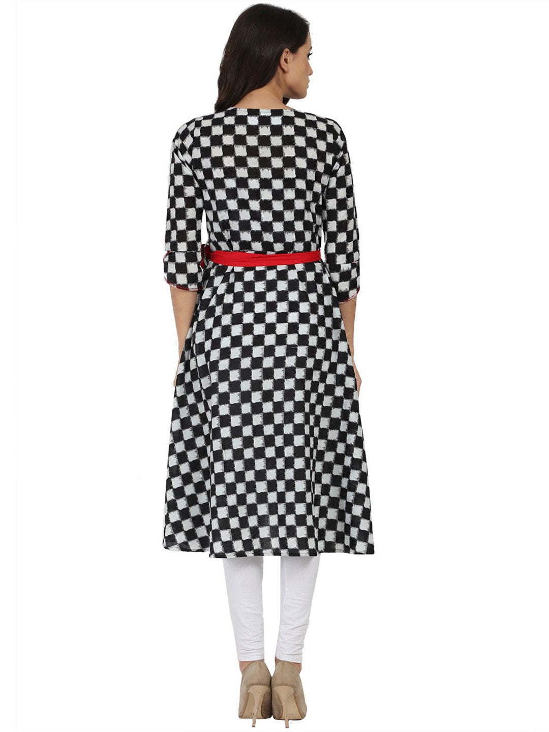 Women's Black Printed 3/4Th Sleeve Cotton A-Line Kurta