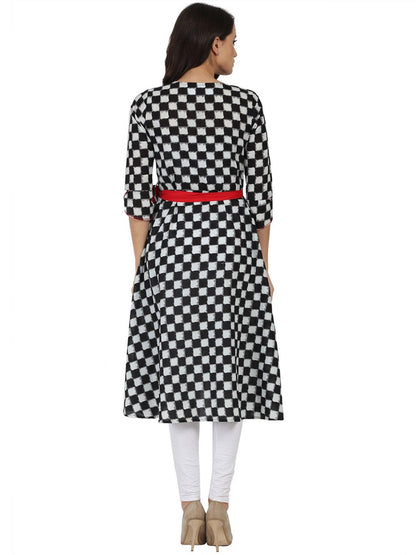 Women's Black Printed 3/4Th Sleeve Cotton A-Line Kurta