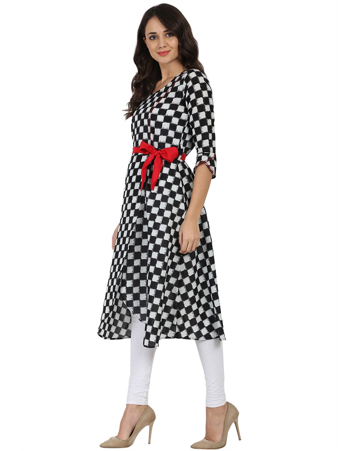 Women's Black Printed 3/4Th Sleeve Cotton A-Line Kurta