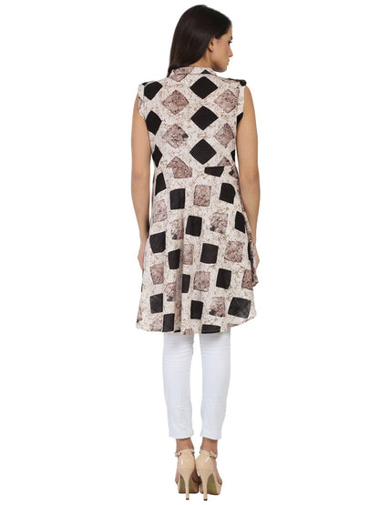 Women's Black Printed Sleeveless Cotton A-Line Kurta