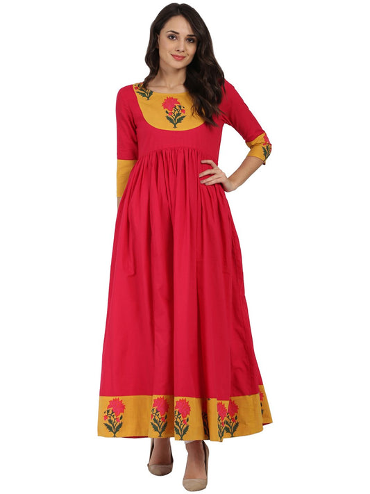 Women's Pink 3/4Th Sleeve Cotton Long Anarkali Kurta With Printed Yoke