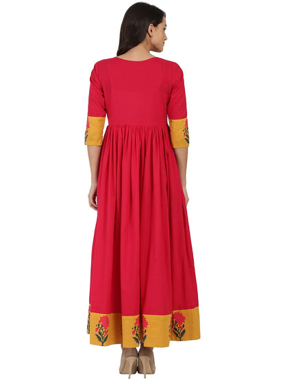 Women's Pink 3/4Th Sleeve Cotton Long Anarkali Kurta With Printed Yoke