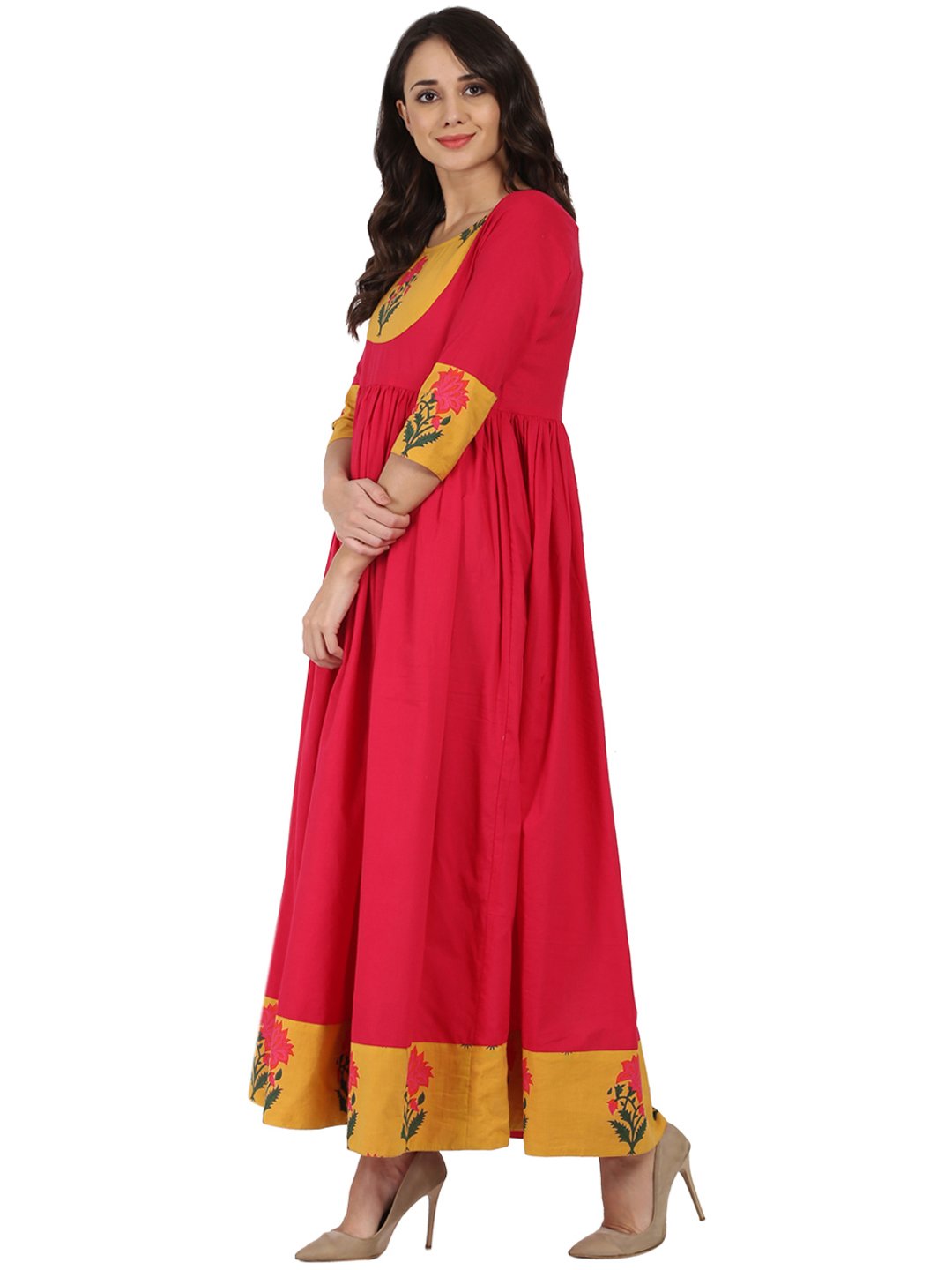 Women's Pink 3/4Th Sleeve Cotton Long Anarkali Kurta With Printed Yoke