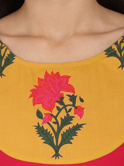 Women's Pink 3/4Th Sleeve Cotton Long Anarkali Kurta With Printed Yoke