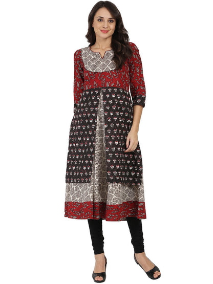 Women's Black Printed 3/4Th Sleeve Double Layer Cotton Anarkali Kurta