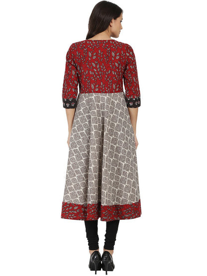 Women's Black Printed 3/4Th Sleeve Double Layer Cotton Anarkali Kurta