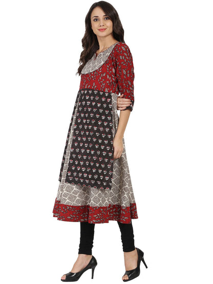 Women's Black Printed 3/4Th Sleeve Double Layer Cotton Anarkali Kurta