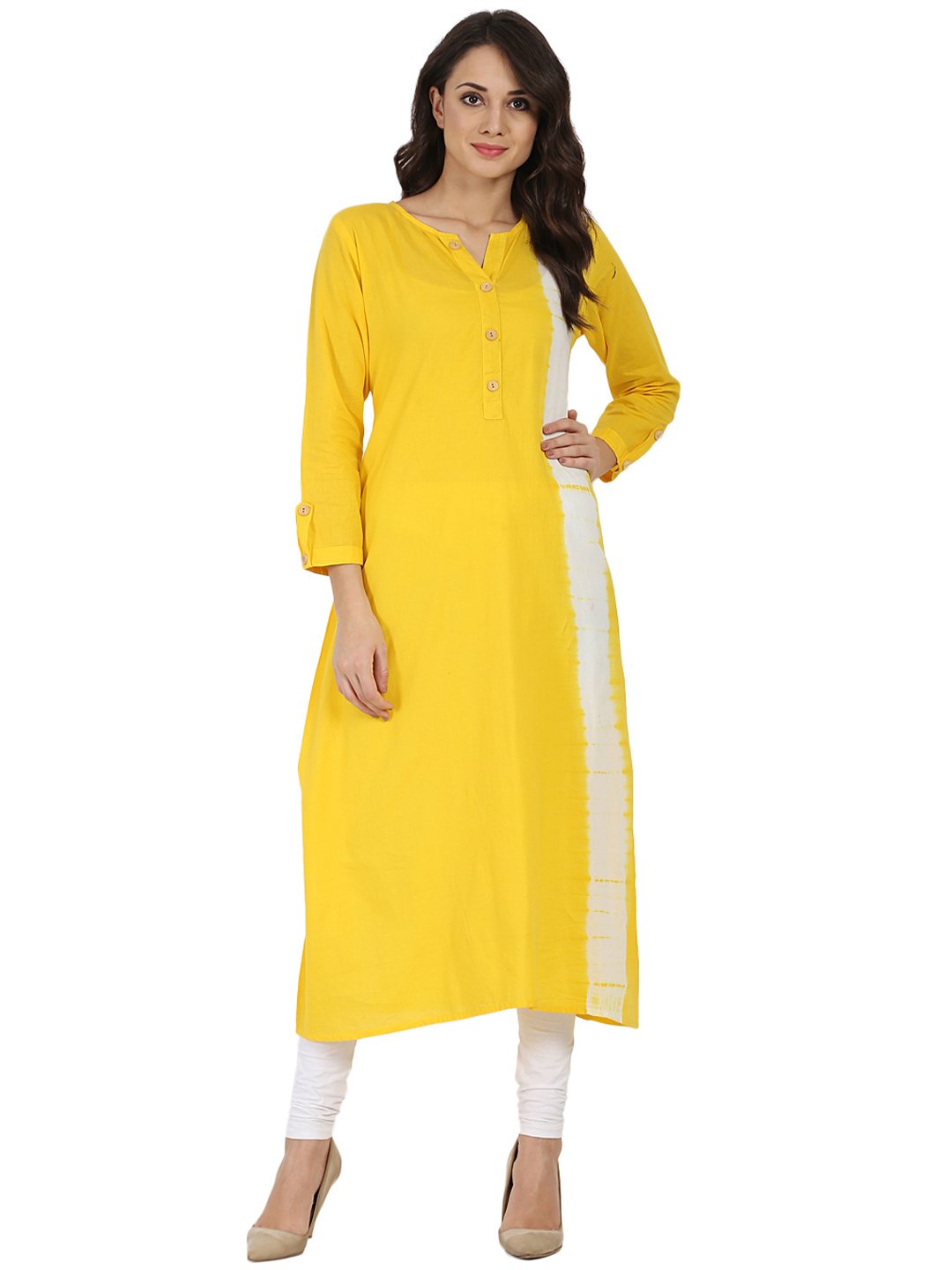 Women's Yellow Tie Dye 3/4Th Sleeve Cotton A-Line Kurta