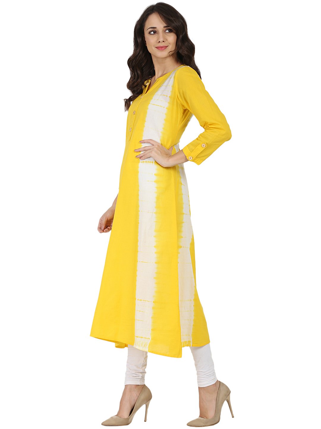 Women's Yellow Tie Dye 3/4Th Sleeve Cotton A-Line Kurta