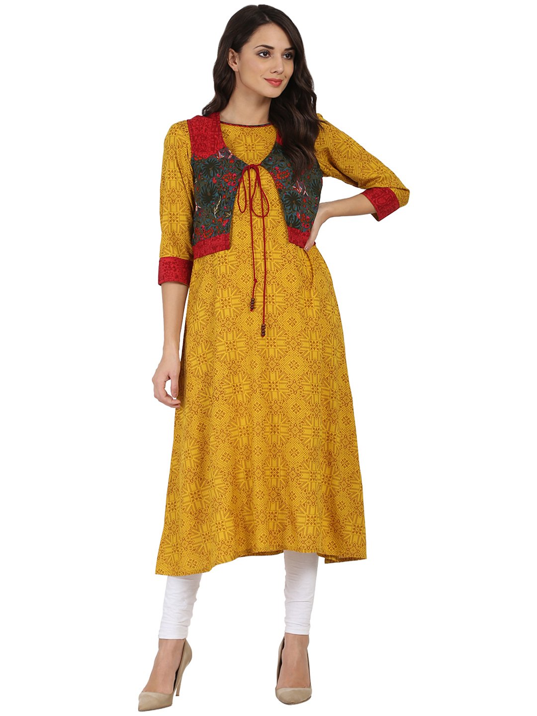 Women's Yellow Printed 3/4Th Sleeve Rayon Anarkali Kurta With Blue Printed Jacket
